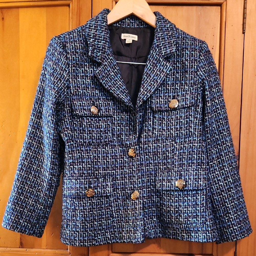 Joan Rivers Blue Tweed Blazer with Black Buttons